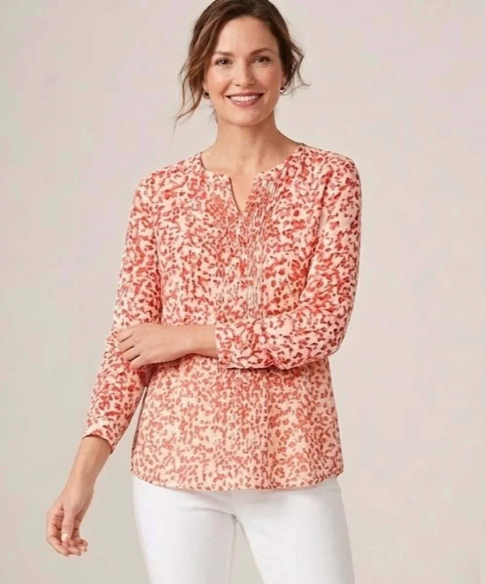 Talbots Women’s Medium Coral Floral Pintuck Blouse Split Neck Long Sleeve Top